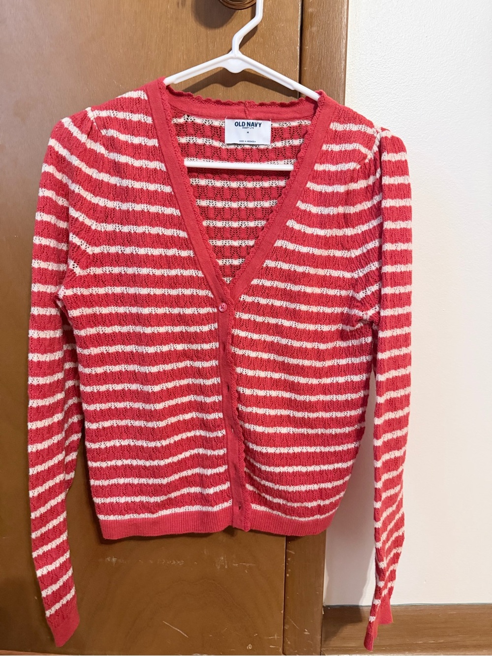 Old Navy Red and White Striped V-Neck Button-Front Cardigan